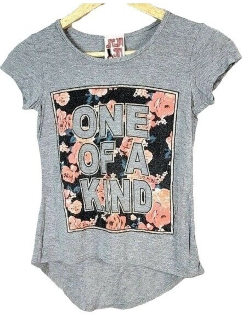 Dream Girl Girls One of a Kind Floral TShirt Gray SZ 10 Scoop Hi Lo Short Sleeve